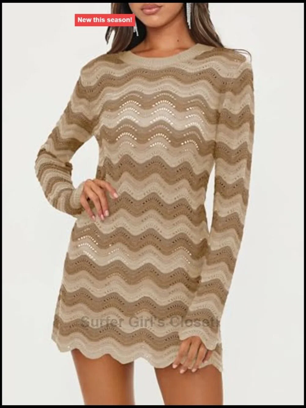 Crochet Colorful Mesh Summer Long Sleeve Cover Up Striped Beach Mini Dress